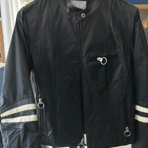Black Wilson’s Leather Moto Jacket with White Stripes
